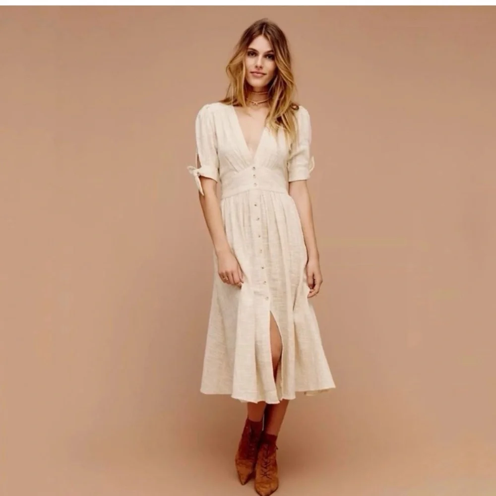 Free People Cream Button-Front Midi Dress